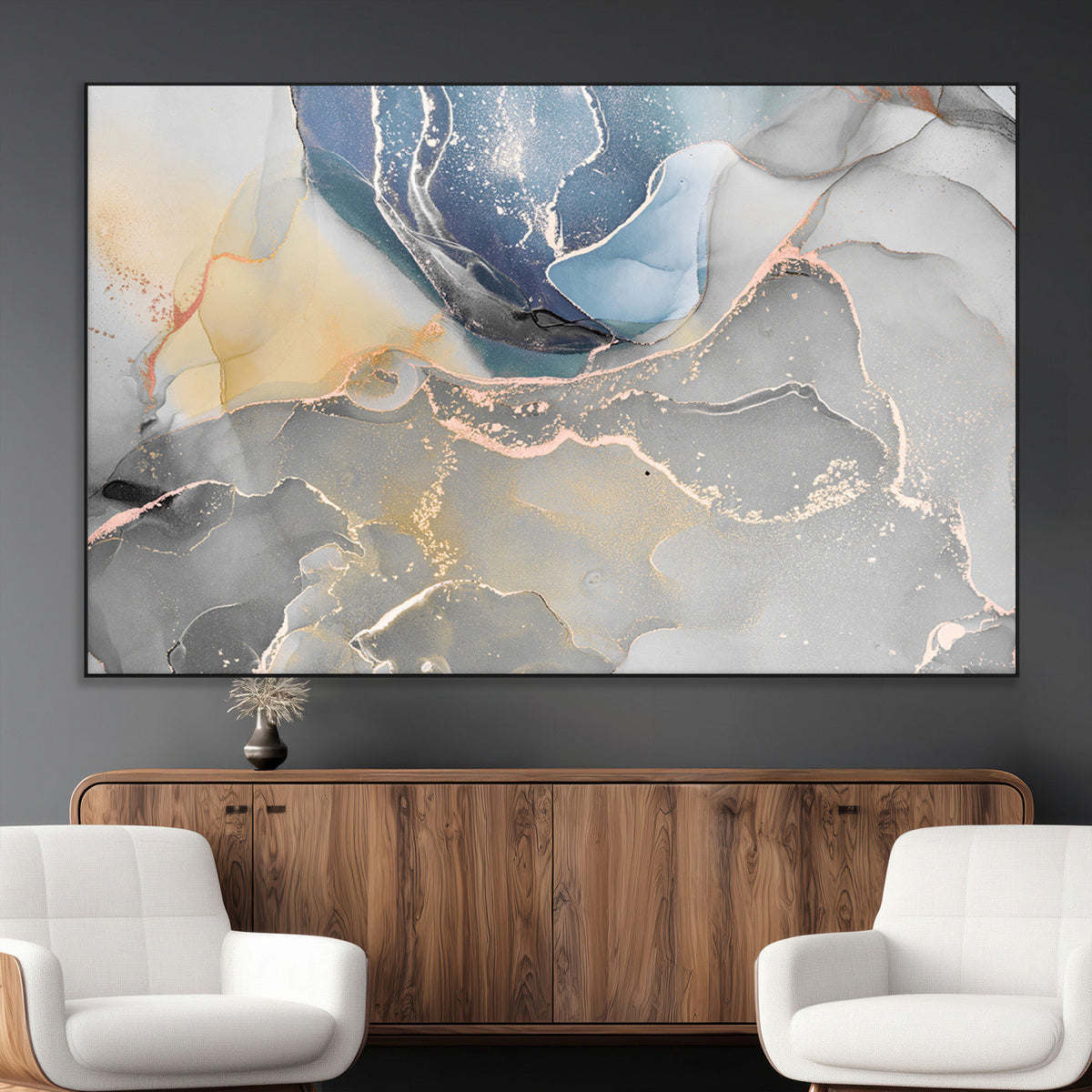 Large Abstract Blue and Gold Canvas Wall Art | Fluid Ink