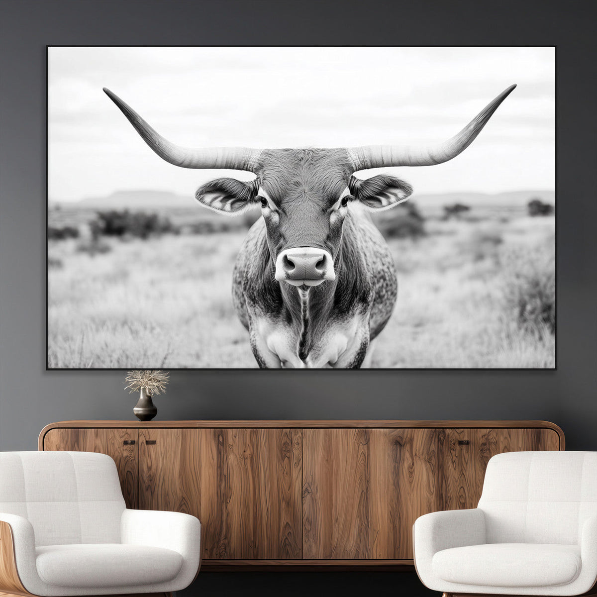 Highland Cow Wall Art Canvas Print – Black and White Western