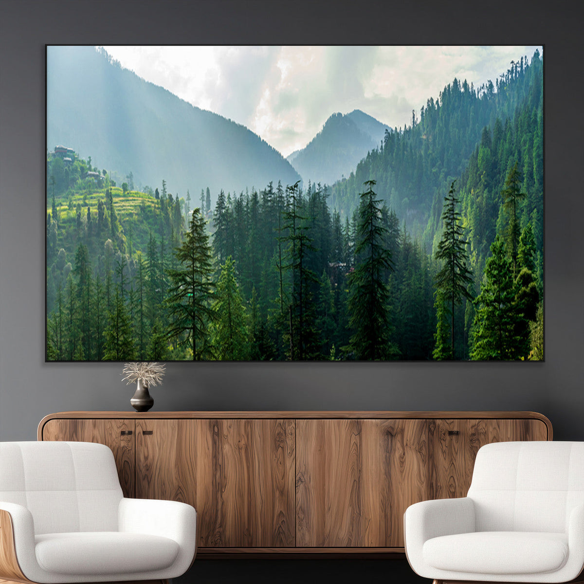 Misty Forest Mountain Wall Art Canvas Print – Framed Serene