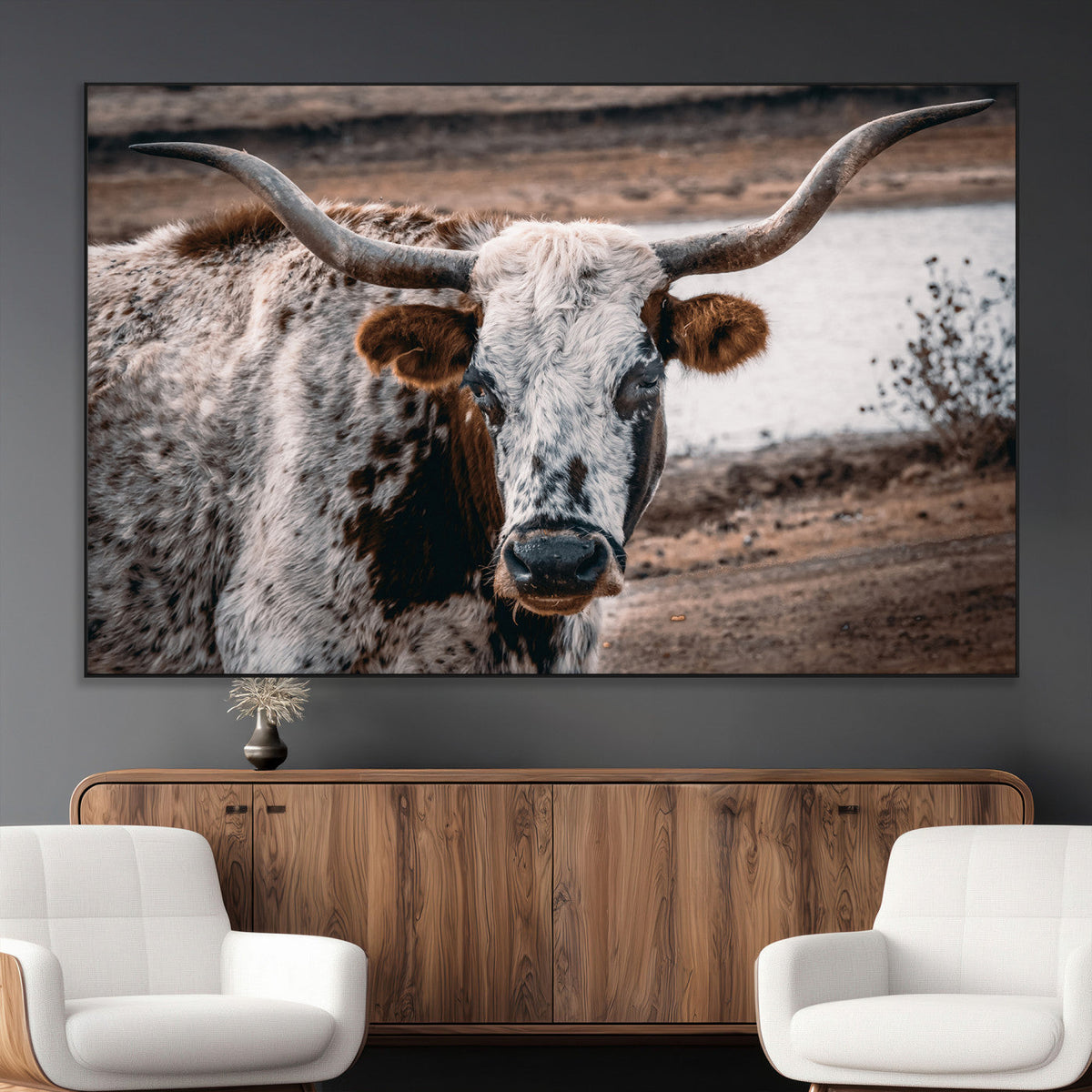 Texas Longhorn Wall Art Canvas Print – Framed Spotted Bull