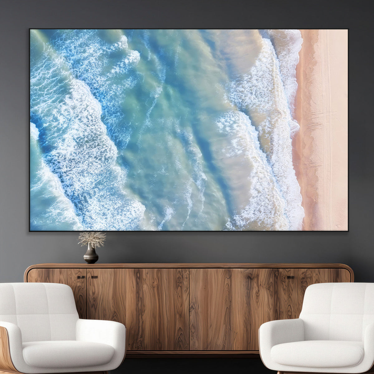 Aerial Ocean View Wall Art Canvas Print – Framed Soft Blue