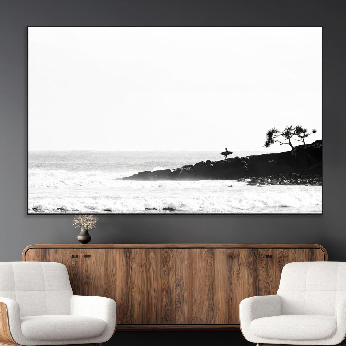 Surfer Cliffs Wall Art Canvas Print – Framed Black White