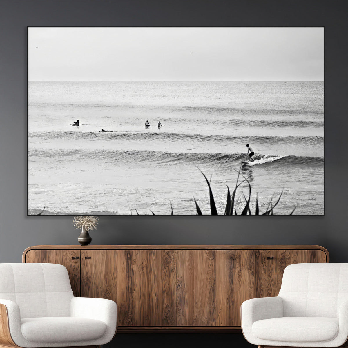 Surfer Silhouette Wall Art – Framed Calm Ocean Canvas