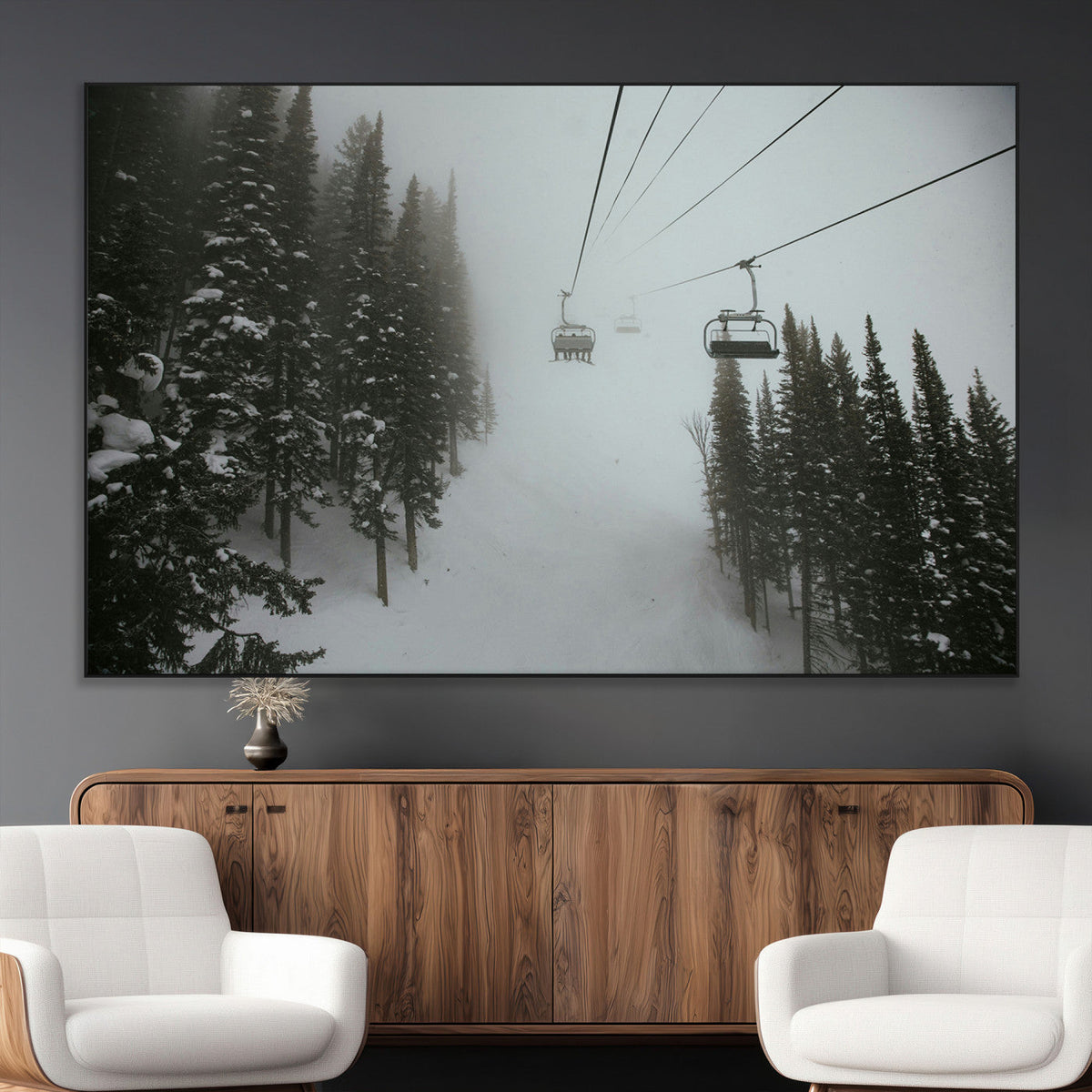 Ski Lift Wall Art Canvas Print – Snowy Pines Misty Landscape