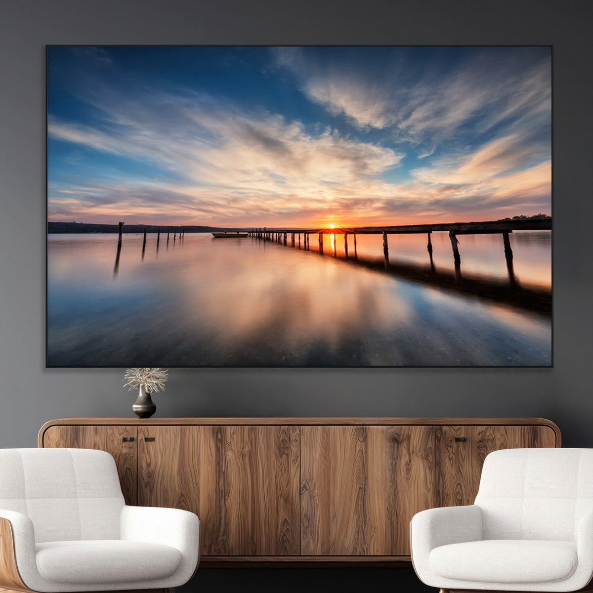 Wooden Pier on Seascape and Sunset Wall Art Canvas Print