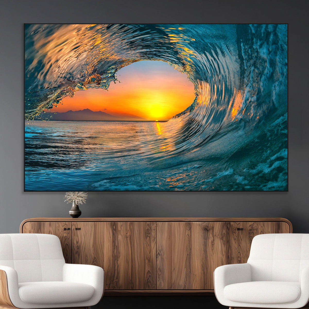 Ocean Wave Sunset Wall Art | Large Coastal Wave Canvas Print