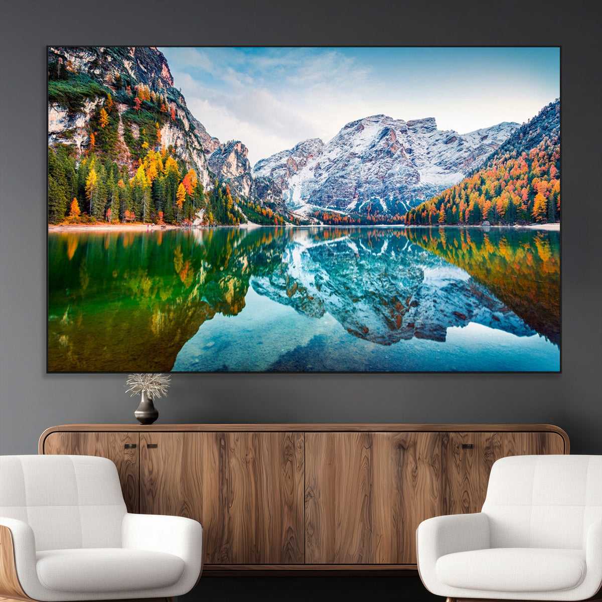 Spectacular autumn view of Braies Lake Wall Art Canvas Print