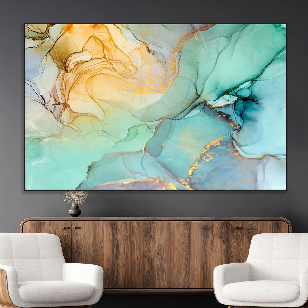 Abstract Aqua and Gold Fluid Wall Art Canvas | 3 Panel Large