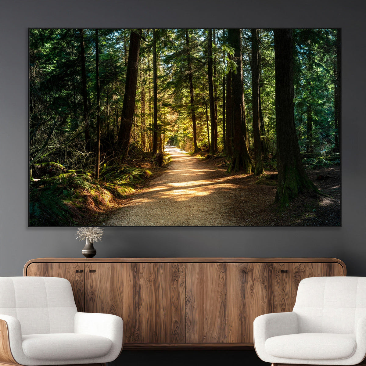 Sunlit Forest Pathway Canvas Print | 3 Panel Large Nature