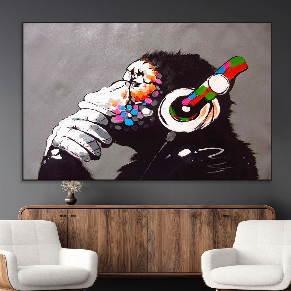 Dj Monkey Listening to Music Wall Art Print | Banksy Monkey