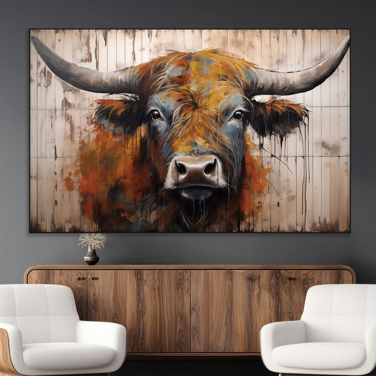 Abstract Bull Highland Cow Canvas Wall Art Print – Vibrant