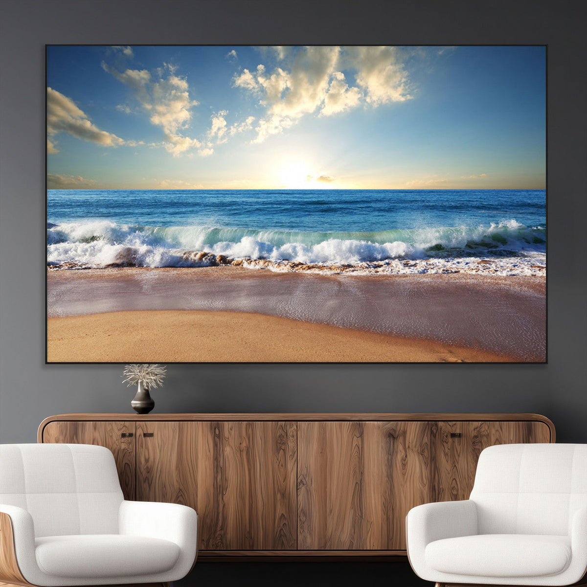 Serene Ocean Sunset Canvas Wall Art - Beach Waves at Sunset,