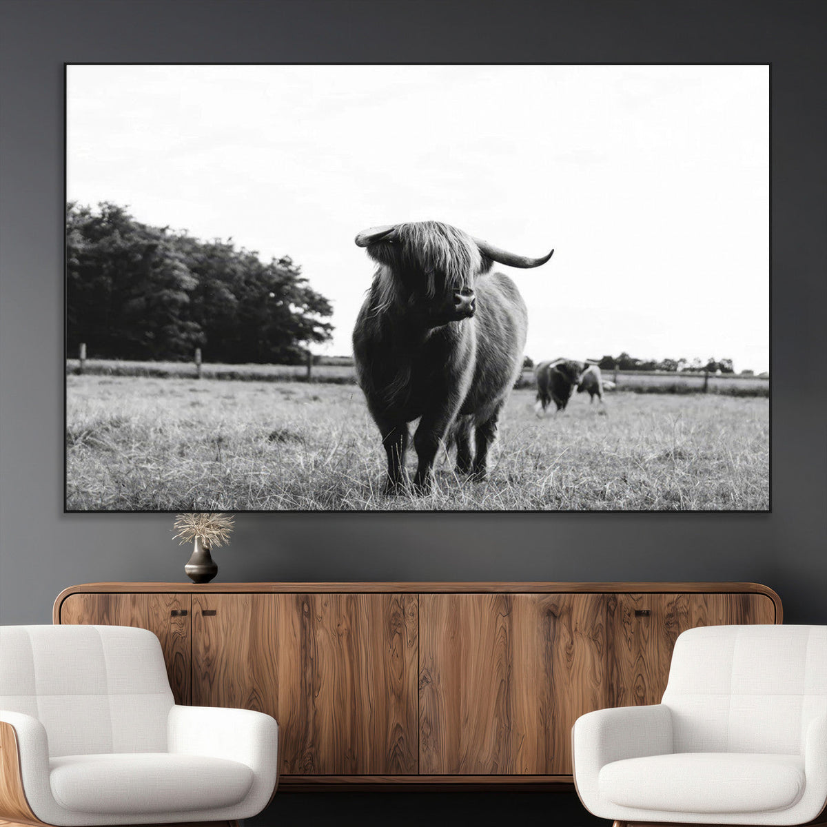 Black and White Highland Cow Wall Art Canvas Print | Rustic