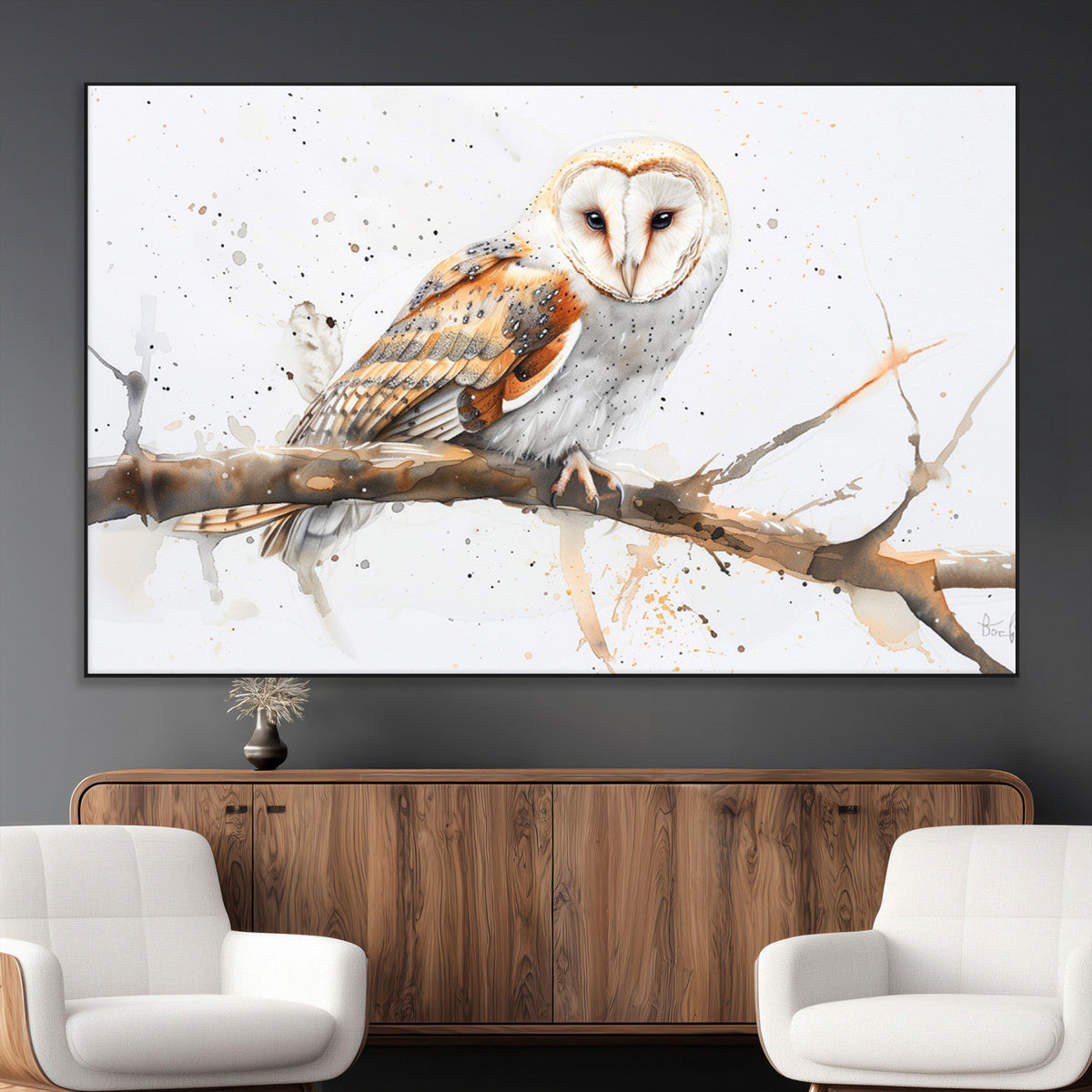 Barn Owl Wall Art on Branch | Stunning Canvas Print for