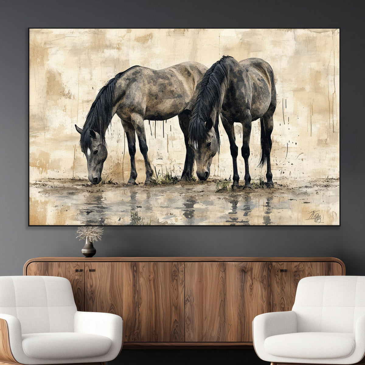 Chinese Style Abstract Black Horses Wall Art Canvas Print -