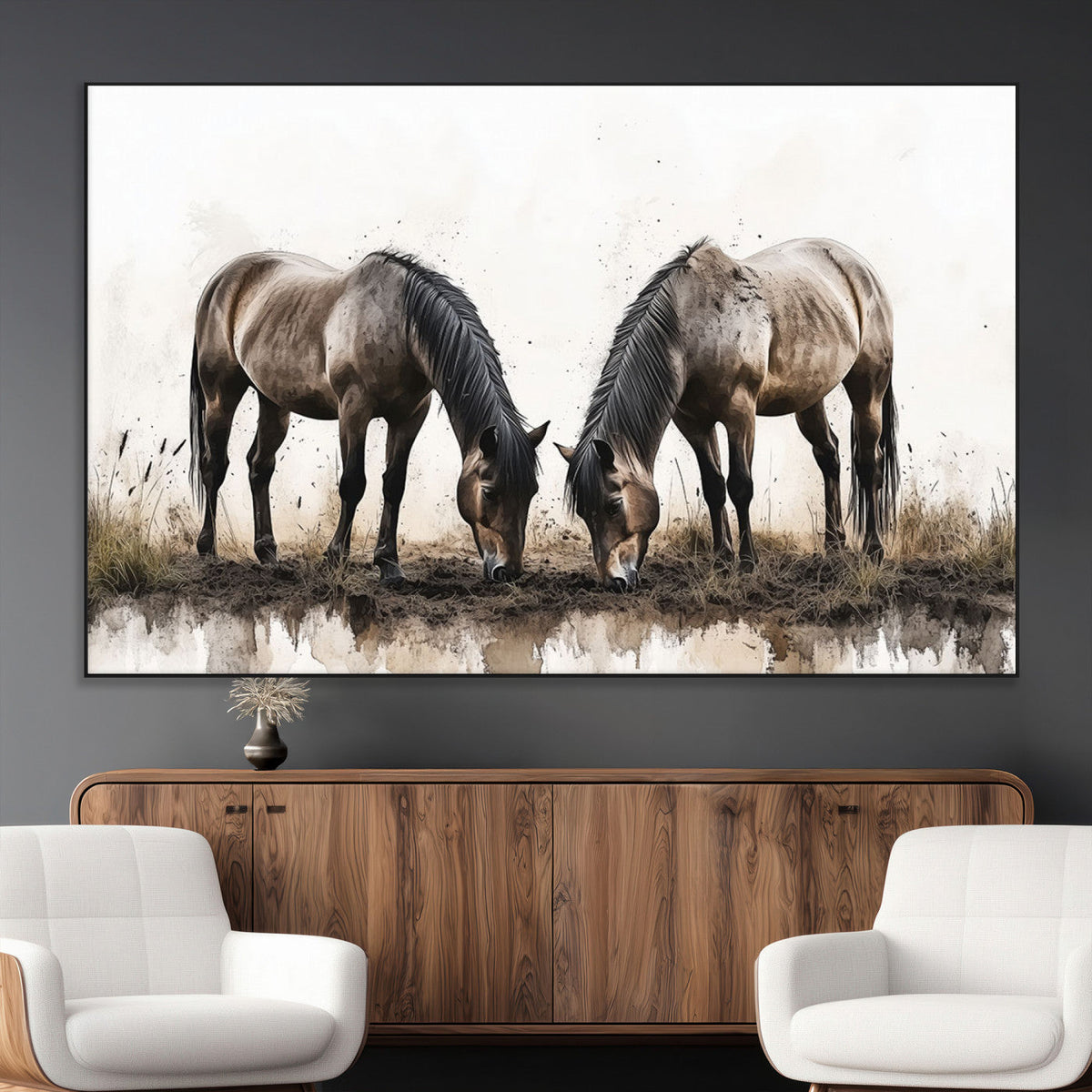 Chines Ink Style Horses Wall Art Canvas Print