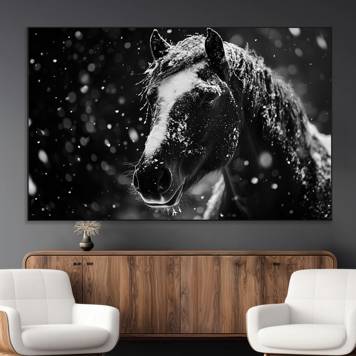 Winter Horse Wall Art | Black and White Horse Print | Ready