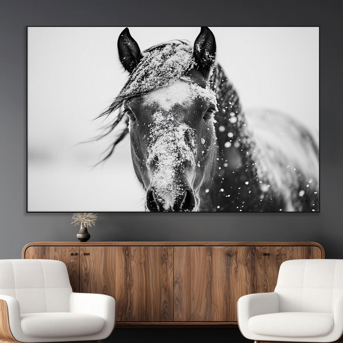 Western Wall Art | Black and White Winter Horse Wall Art |