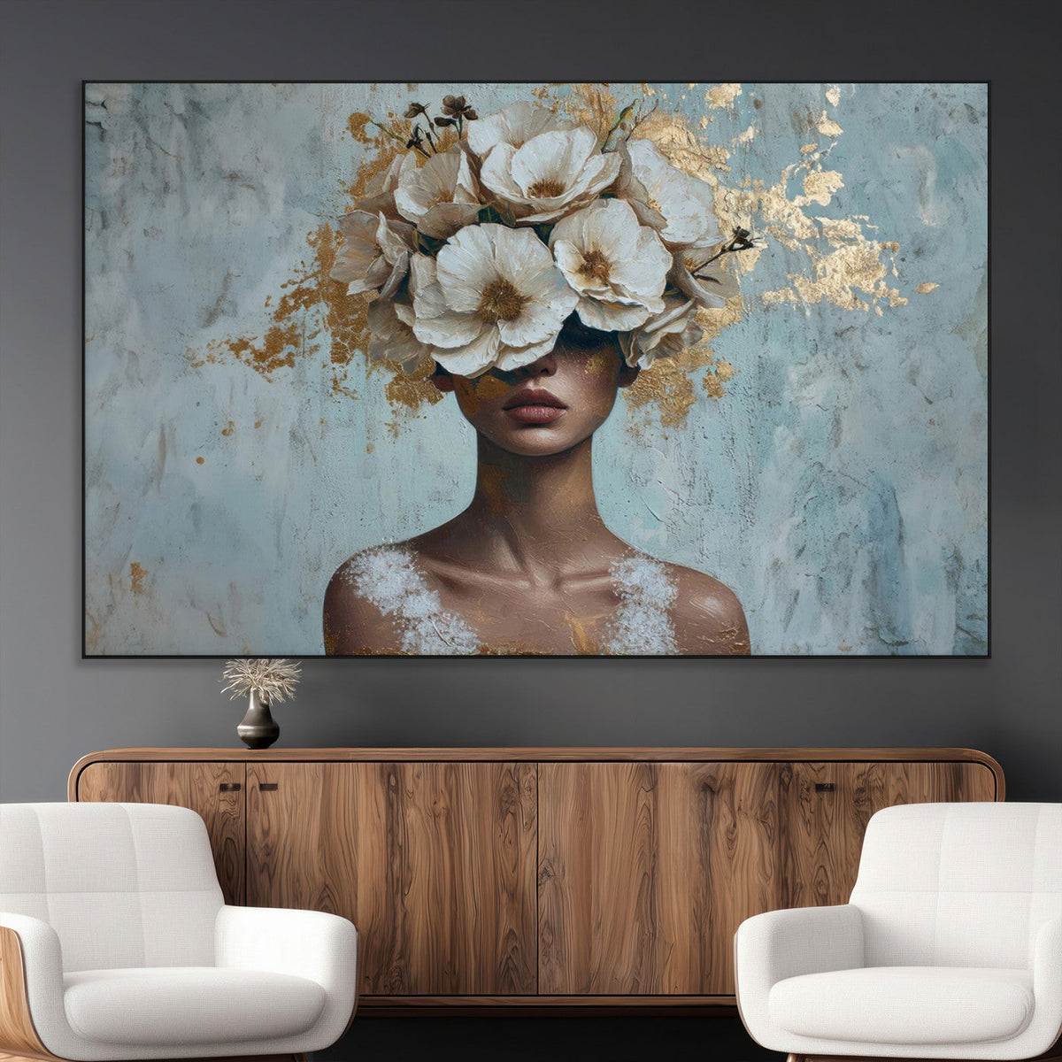 Golden Petal Wall Art - Petal Silhouette Woman Wall Art
