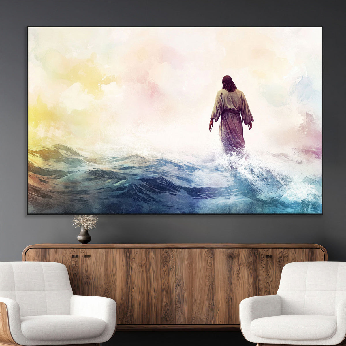 Watercolor Jesus Walking on Water Canvas Print, Christian