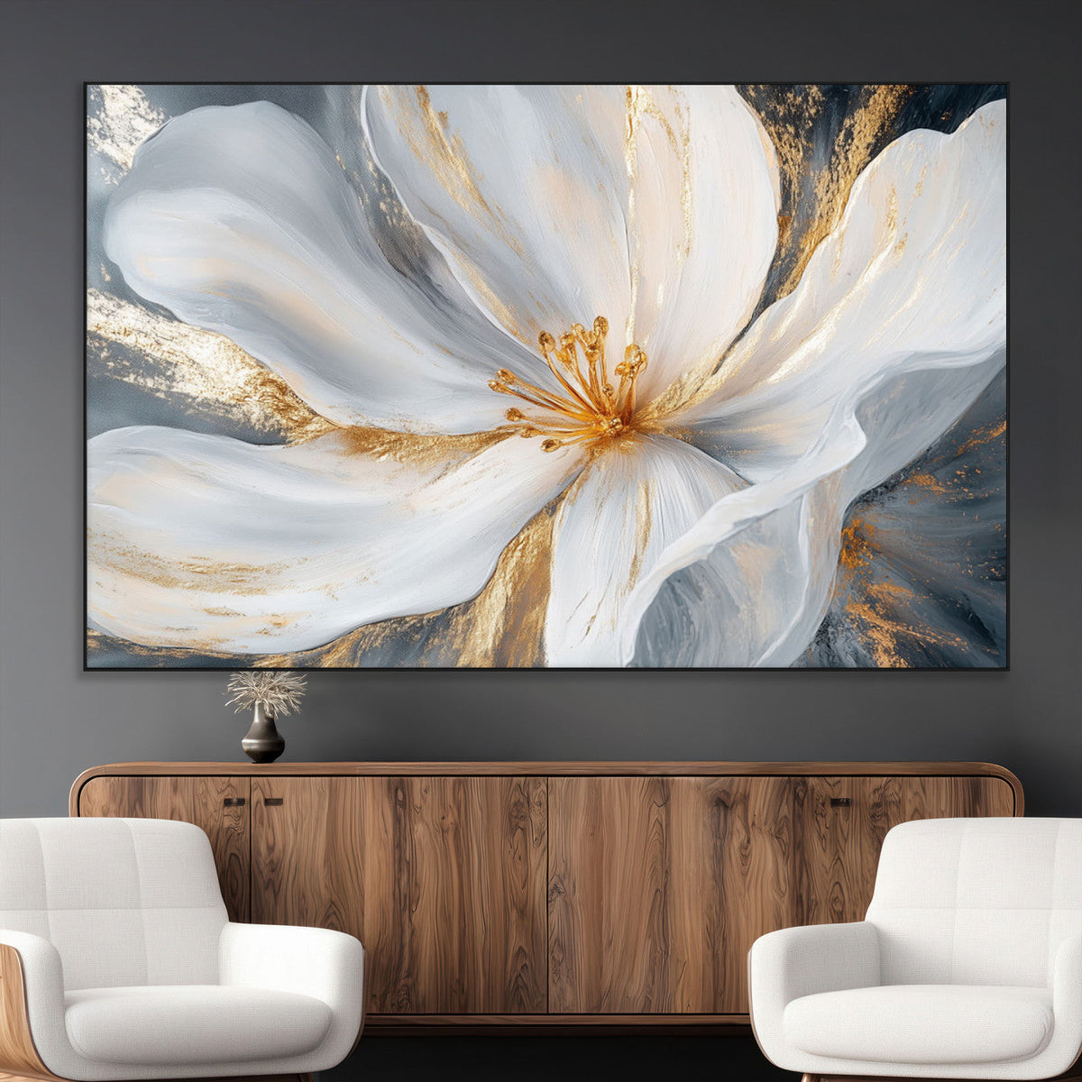 White and Gold Floral Canvas Wall Art - Framed and Ready to