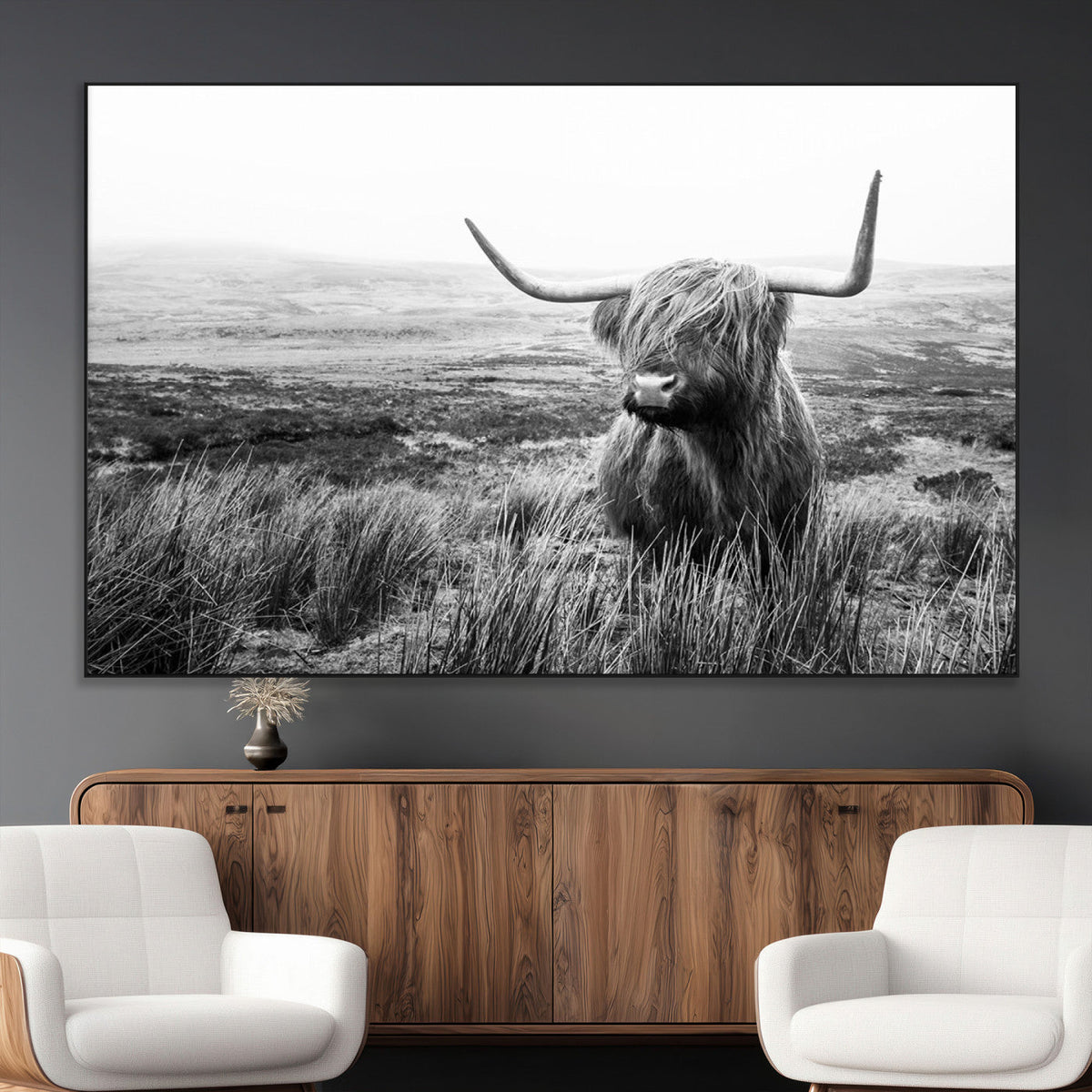 Scottish Highland Cow Wall Art | Black and White Canvas