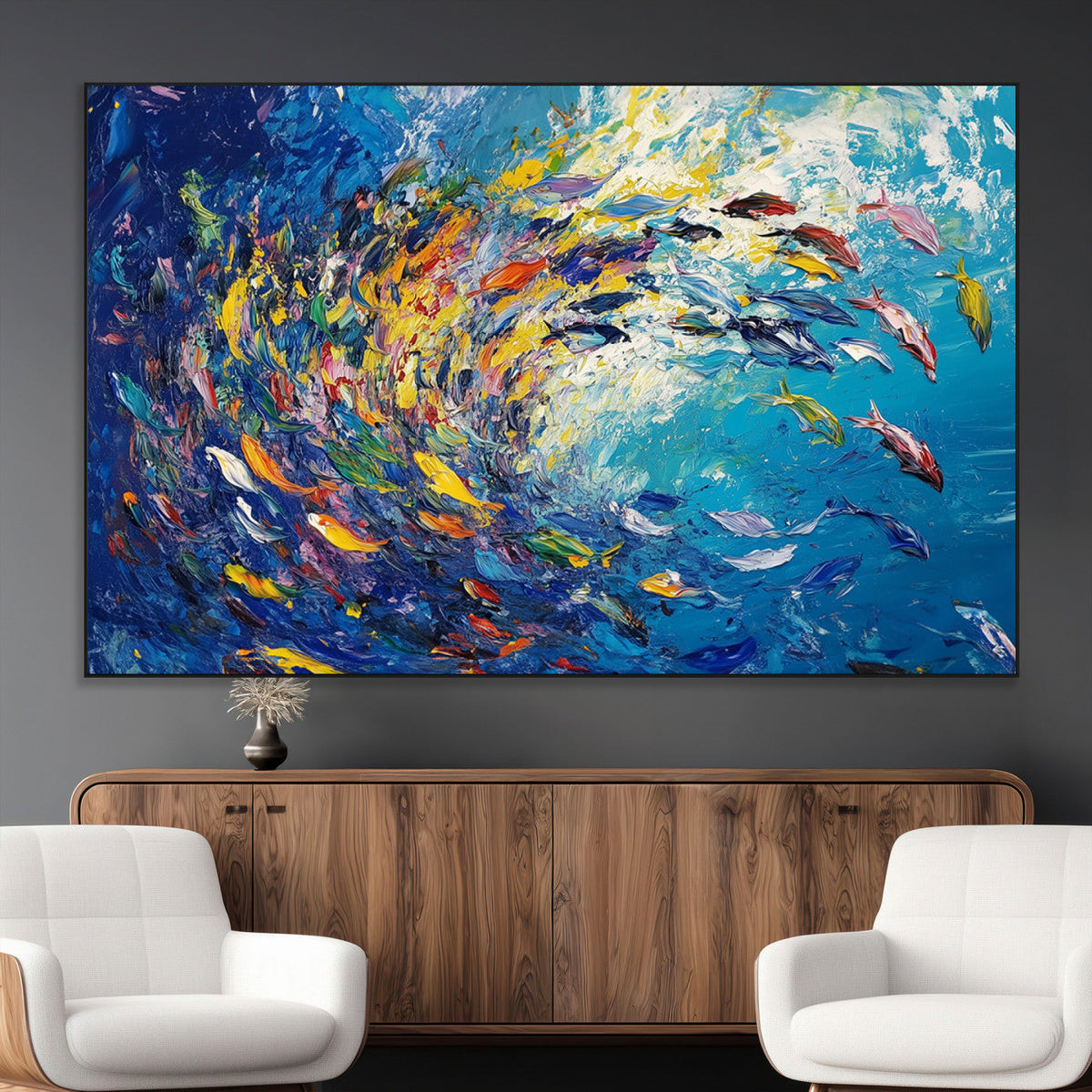 Colorful Swirling Fish School Wall Art Canvas Print |