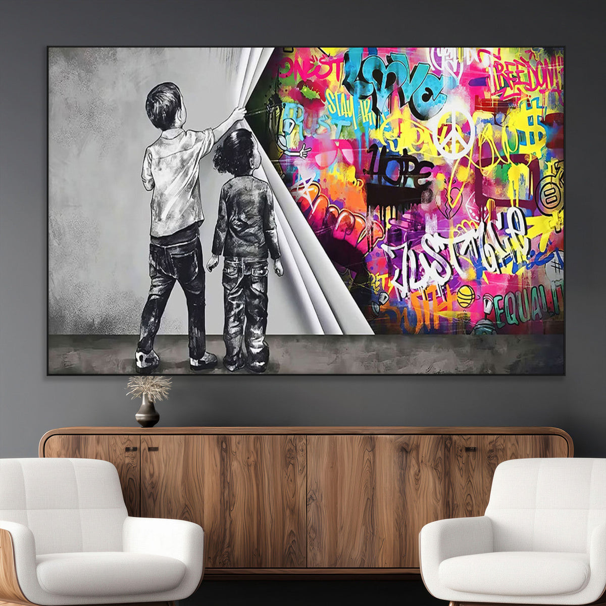Banksy Print - Street Art Canvas Wall Art - Kids Revealing
