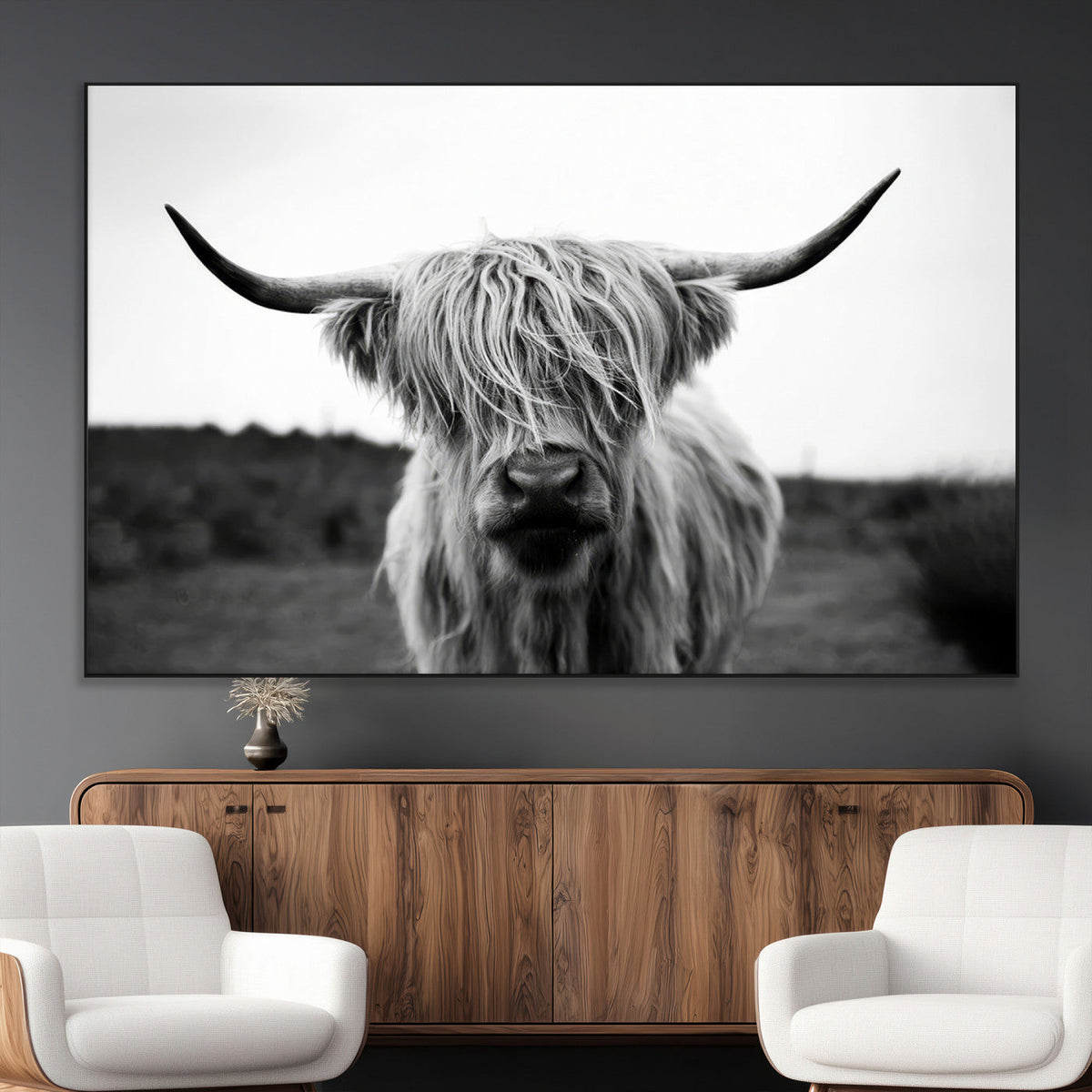 Highland Cow Wall Art | Black and White Farmhouse Decor |