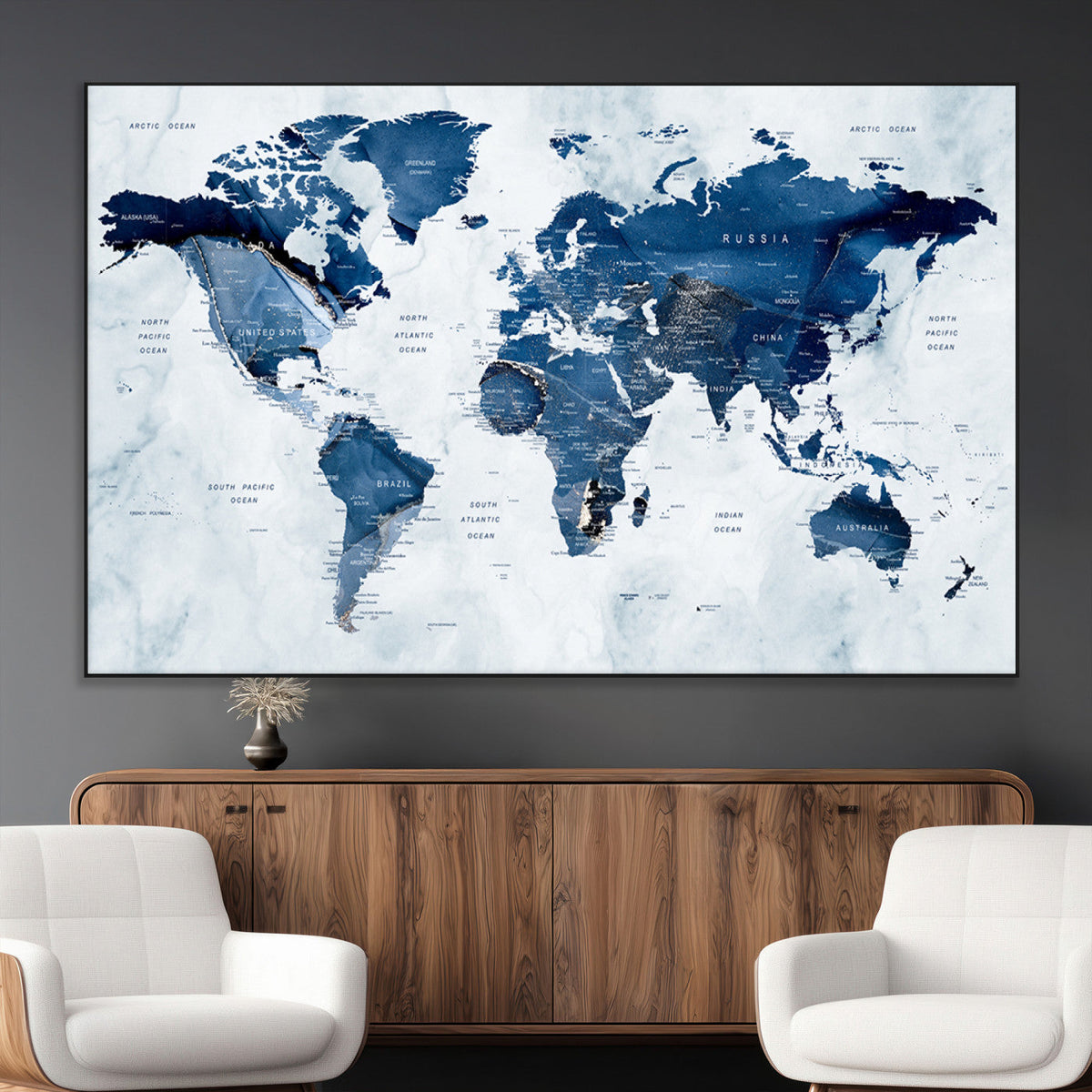 Modern Blue World Map Canvas Print – Framed Wall Art,