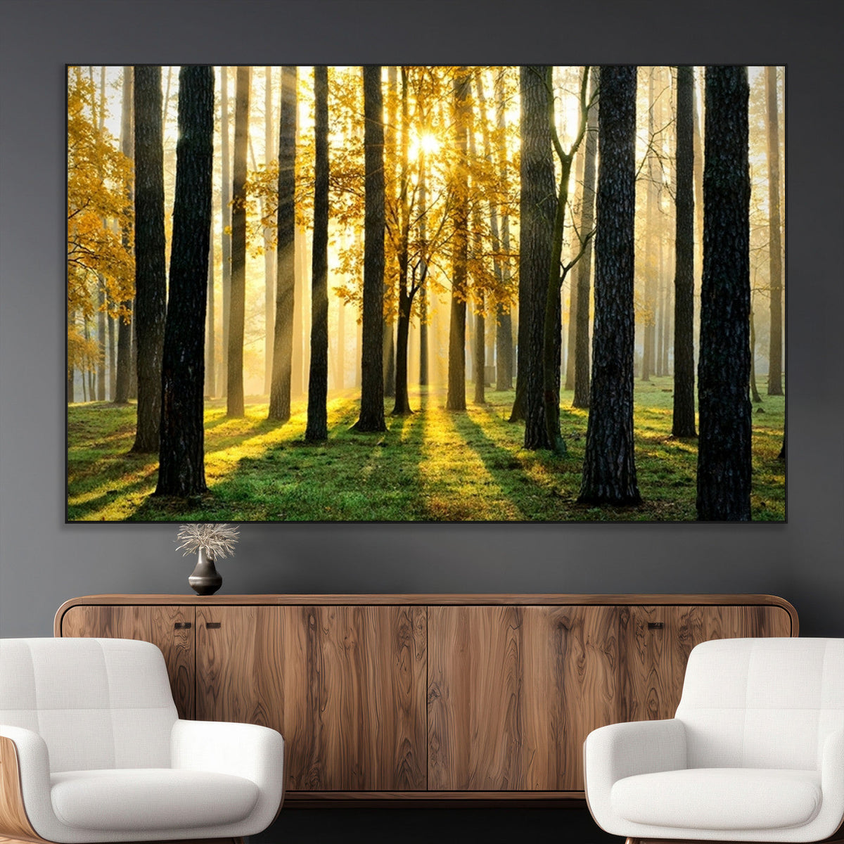 Sunlit Forest Wall Art Canvas Print – Large Framed Woodland