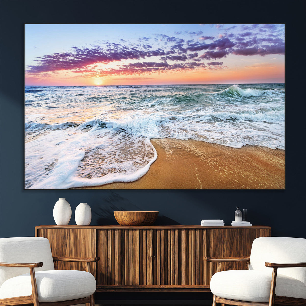 Coastal Sunset Art Beach Canvas Wall Art Print | Ocean Waves