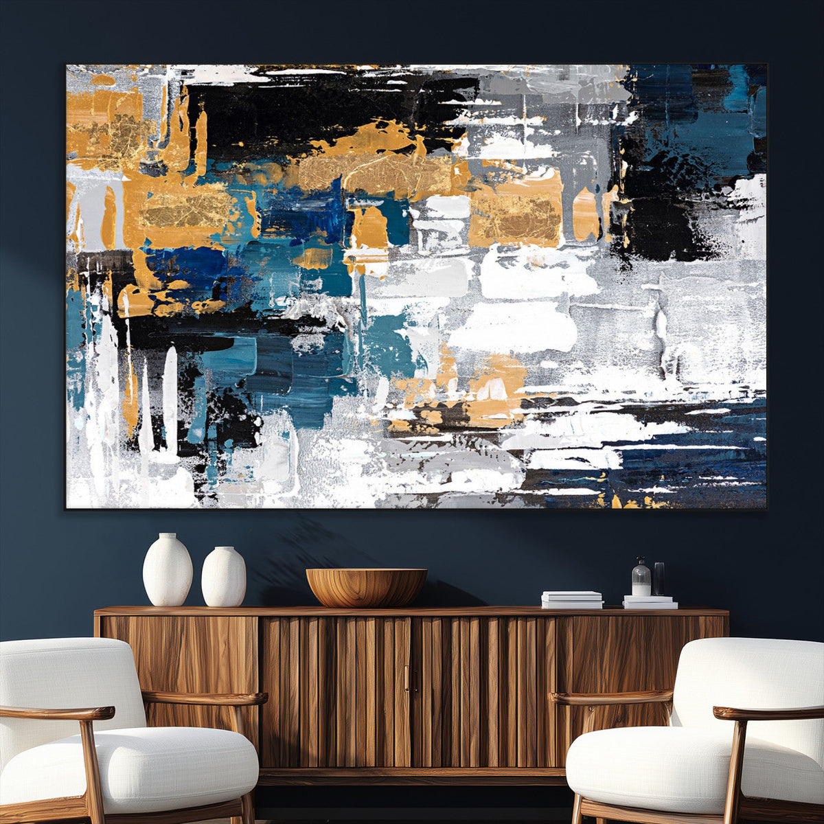 Blue and Gold Abstract Canvas Wall Art – Triptych Modern