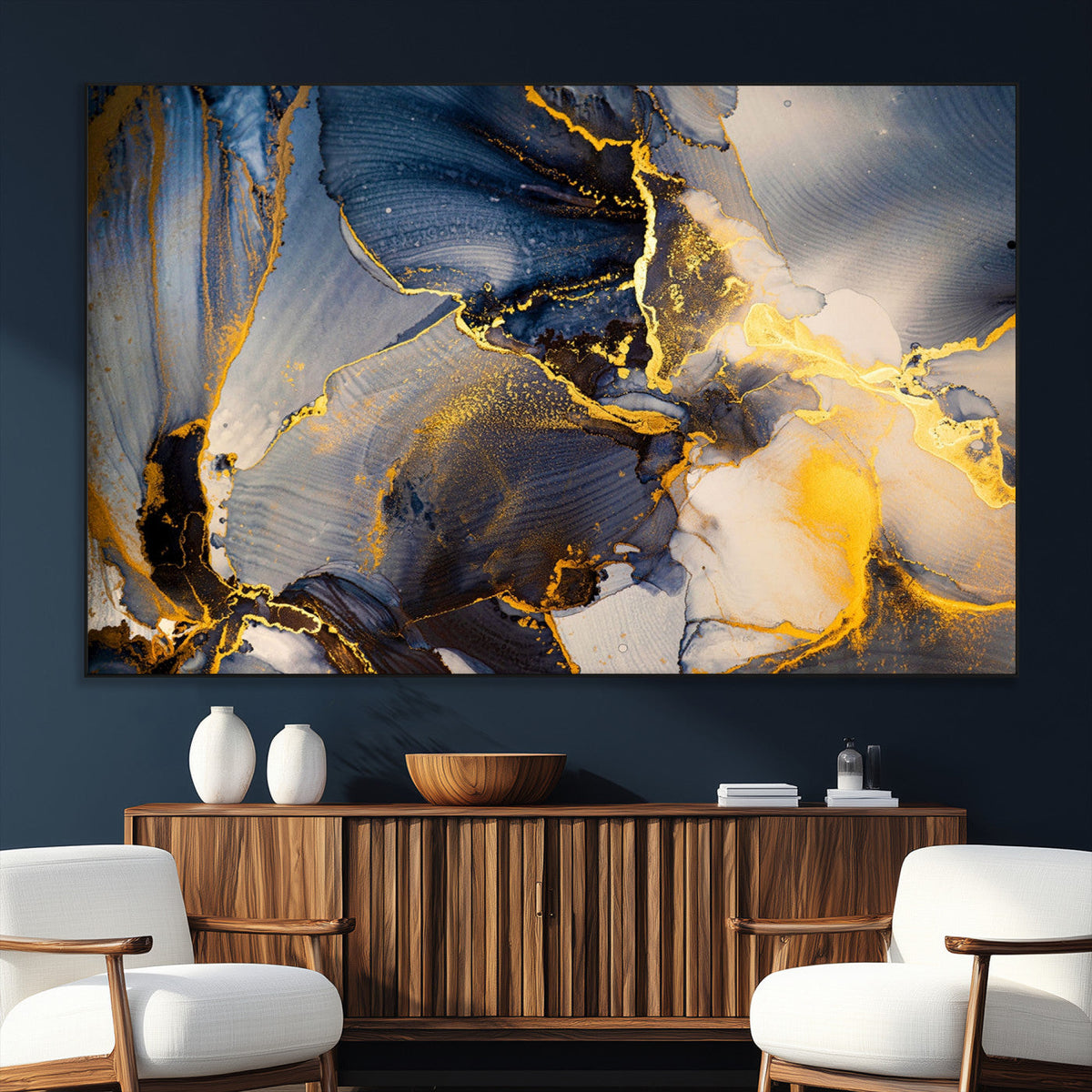 Large Abstract Wall Art Print - Gold and Blue Abstract