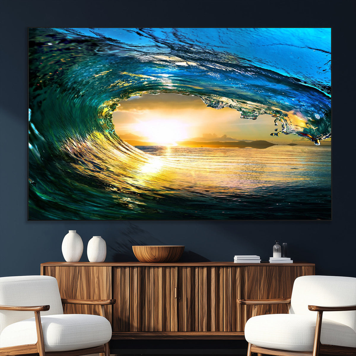 Ocean Wave at Sunset Canvas Art, Large Wall Print of Vibrant