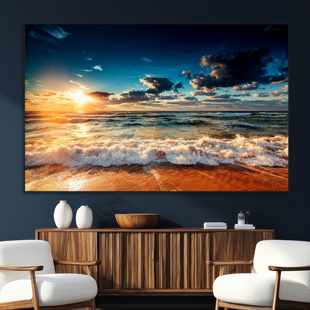 Golden Hour Sunset Over Ocean Waves Wall Art Canvas Print |