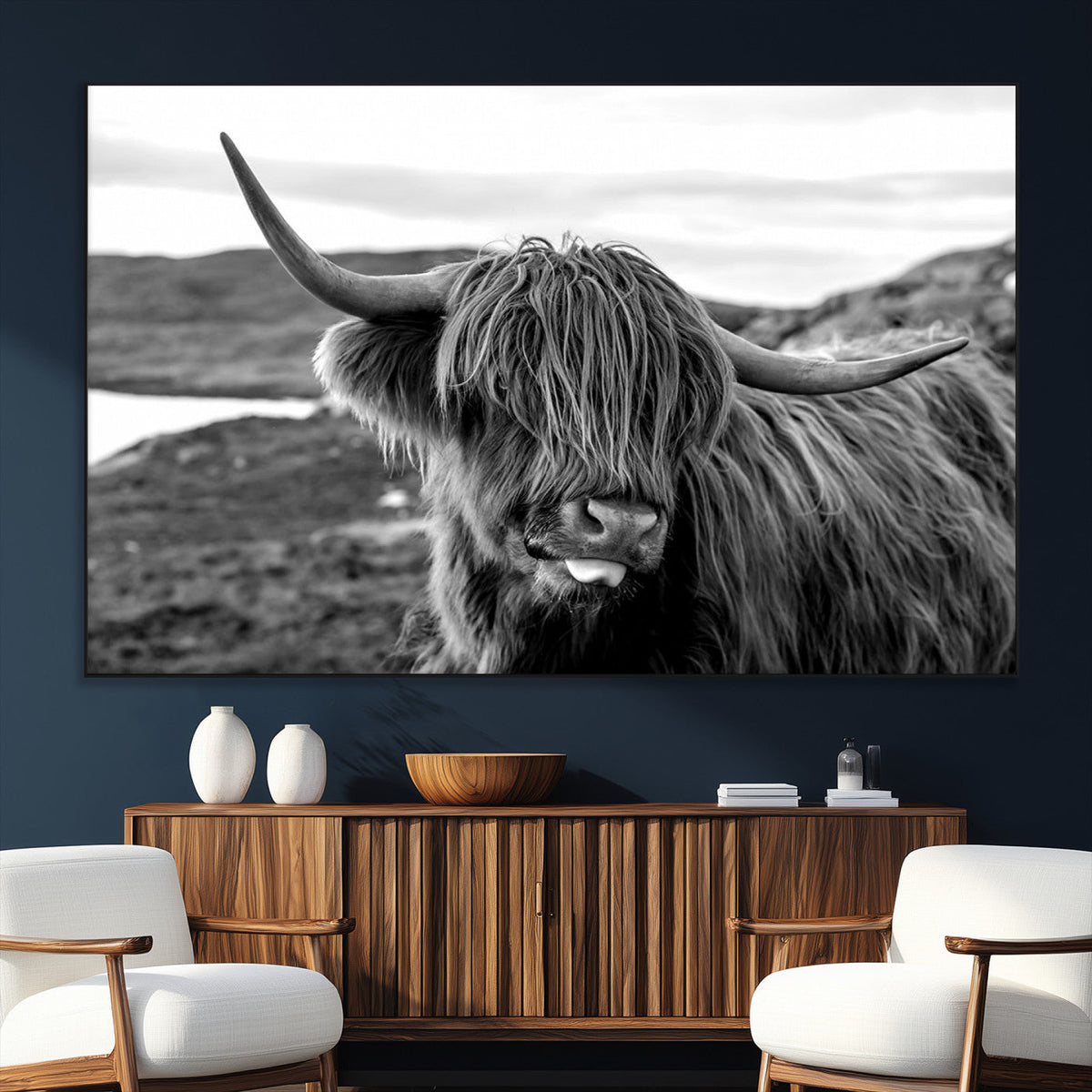 Longhorn Steer Canvas Print Wall Art, Highland Cow Canvas