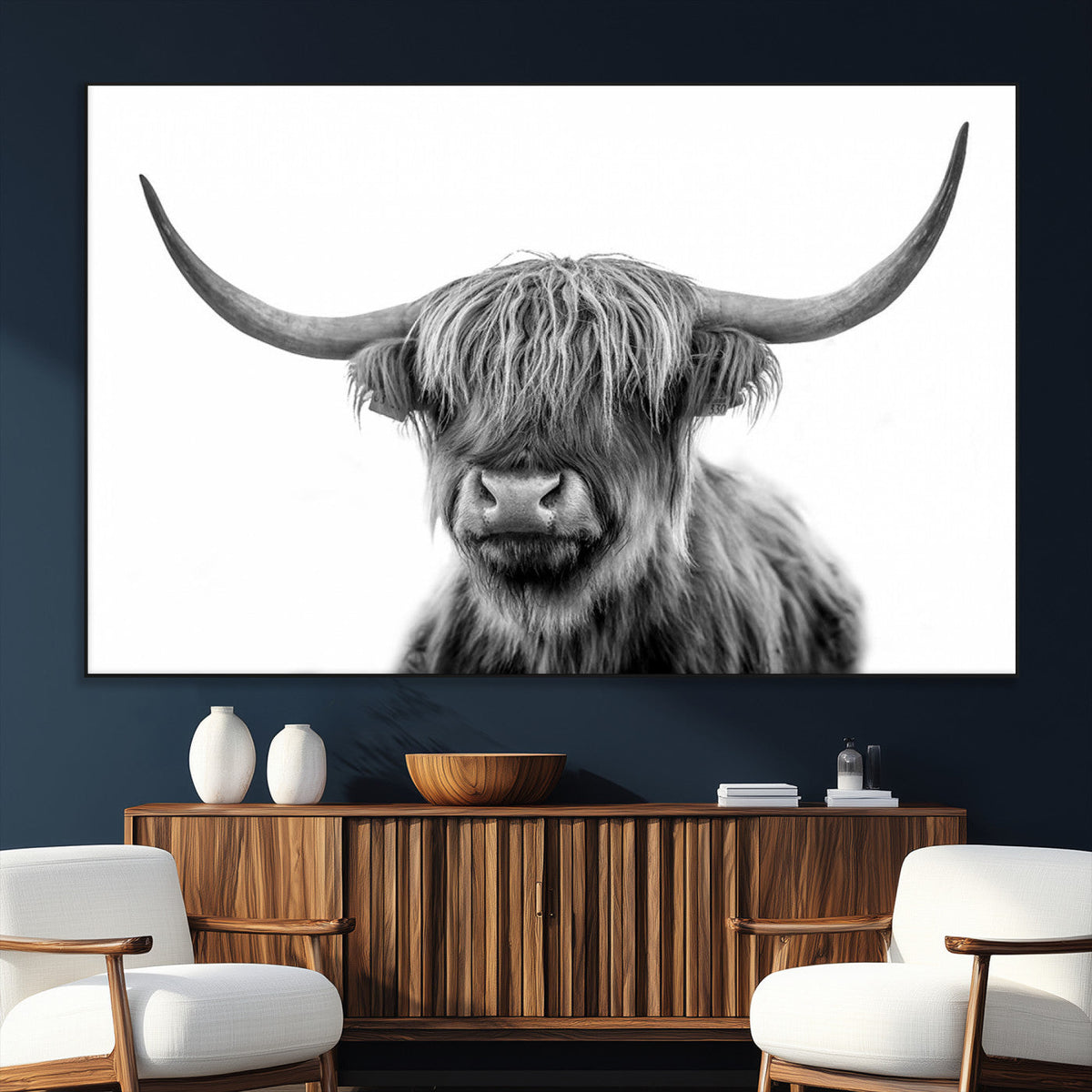 Grayscale Scottish Highland Cow Cattle Art Print Farmhouse