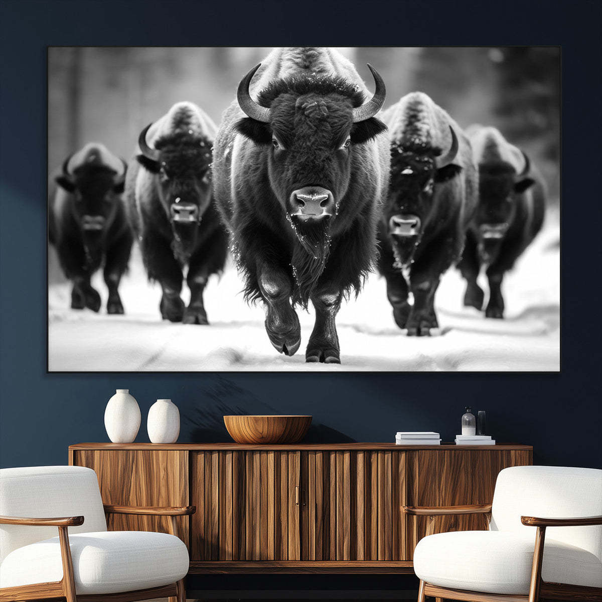 American Bison Art | Buffalo Herd Wall Art Canvas Print, BW