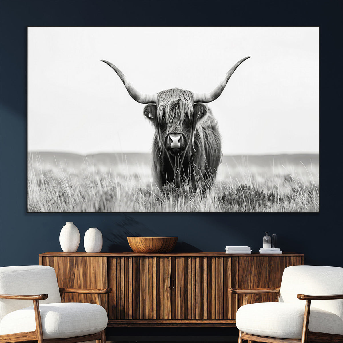 Highland Cow Canvas Wall Art – Majestic Beauty in Black and