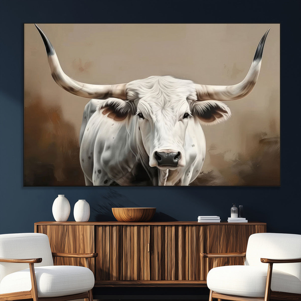 White Longhorn Bull Wall Art Canvas Print – Framed and Ready