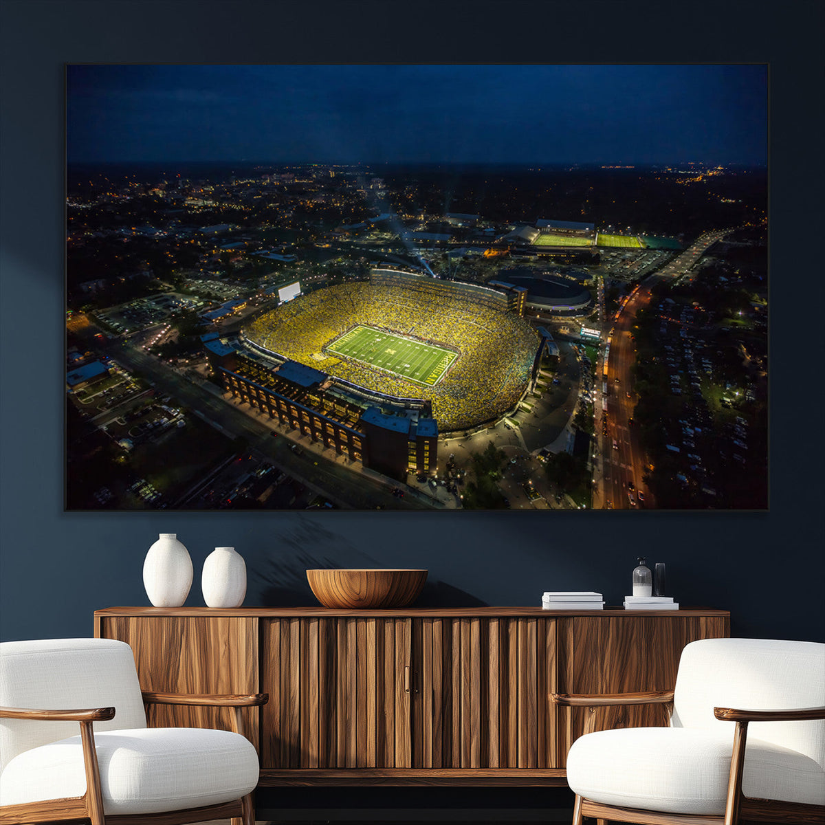 Michigan Stadium Night Game Wall Art – Sports Arena Aerial