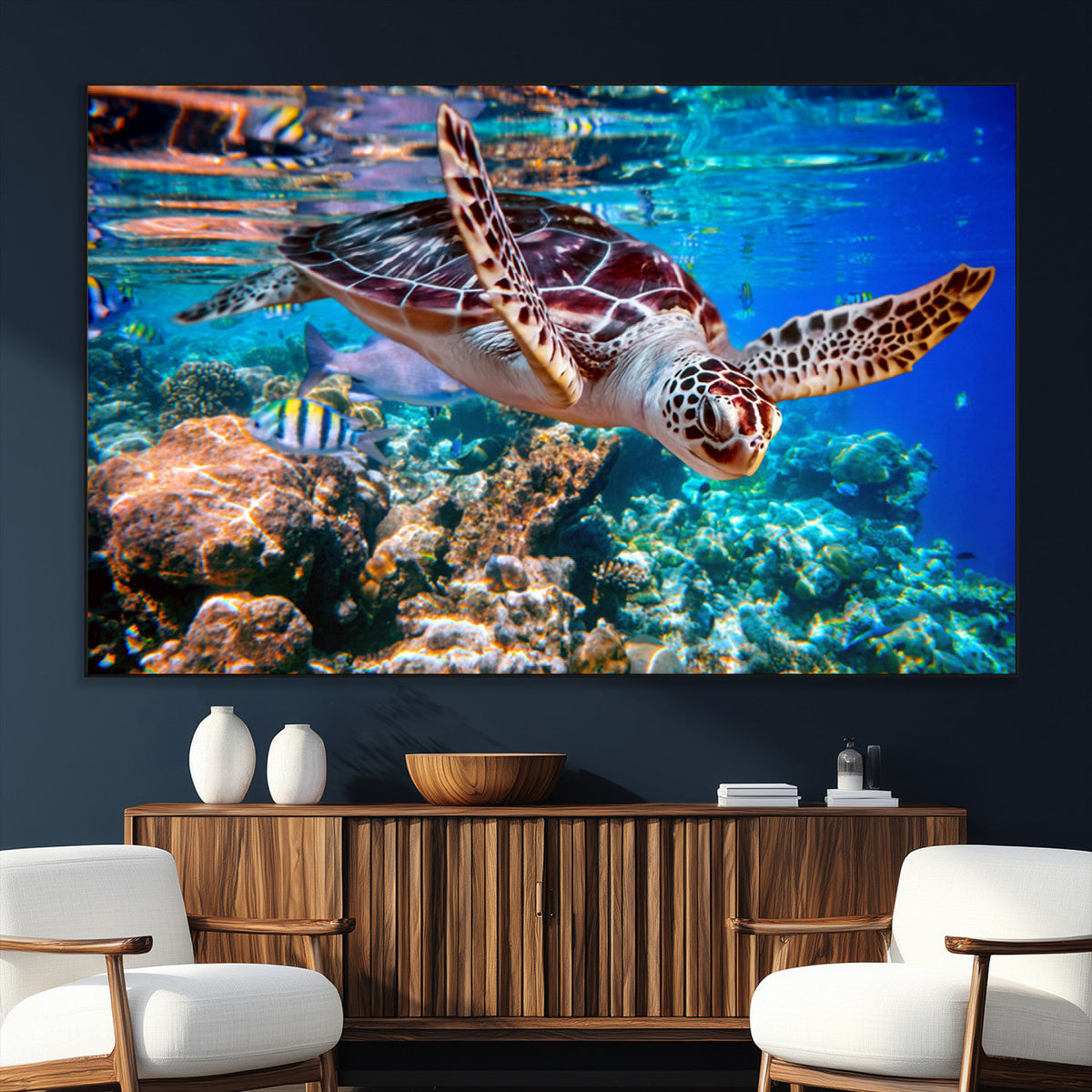Underwater Coral Reef Sea Turtle Wall Art Canvas Print,