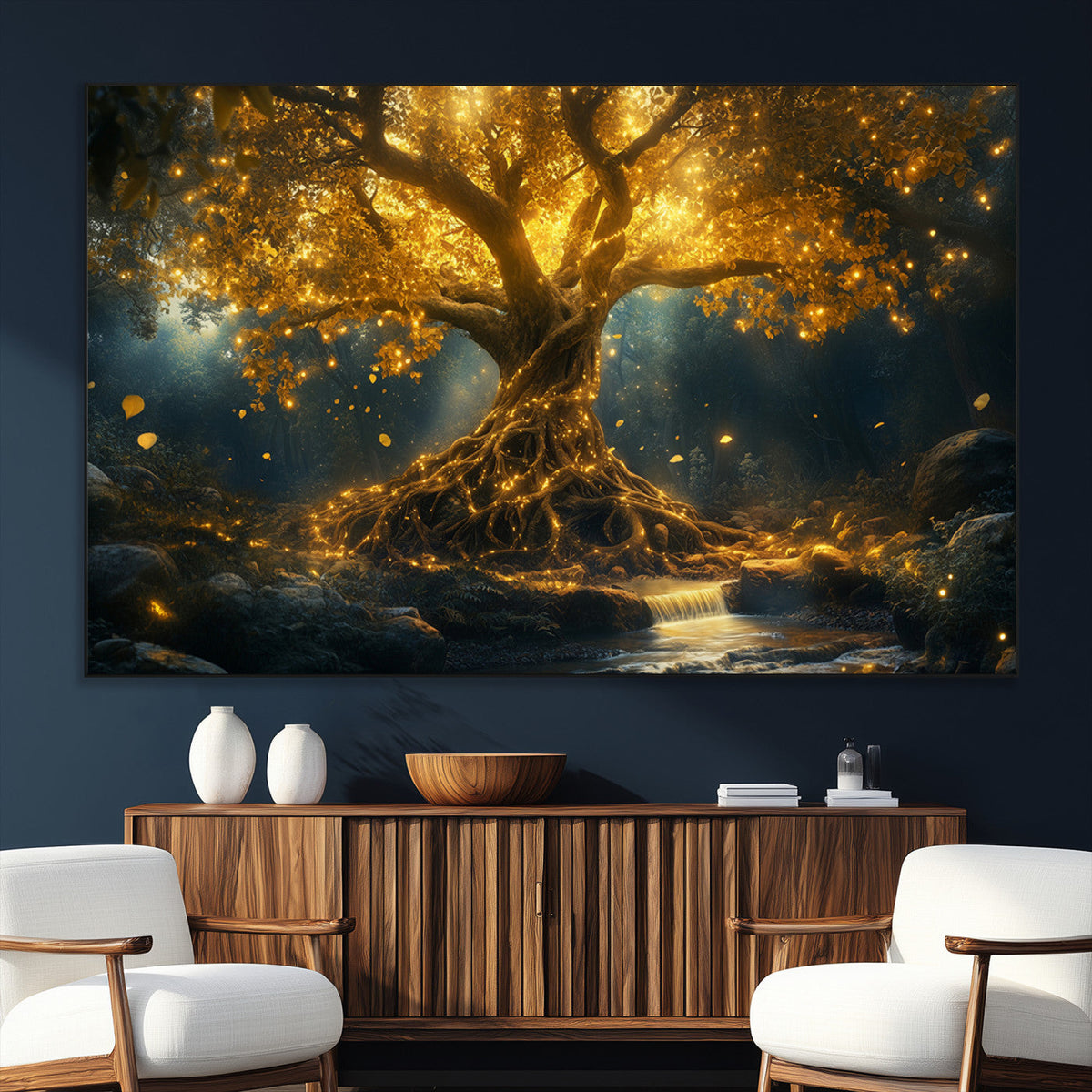 Golden Tree of Life Canvas Wall Art Print - Majestic Glowing