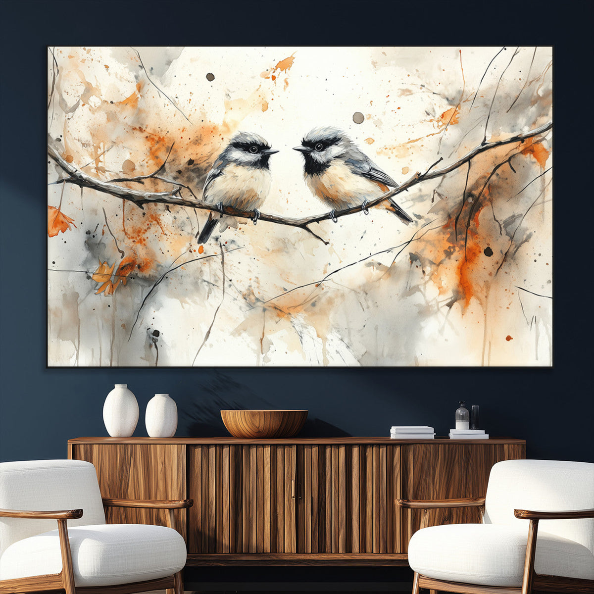 Abstract Watercolor Chickadee Bird Canvas Wall Art Print -
