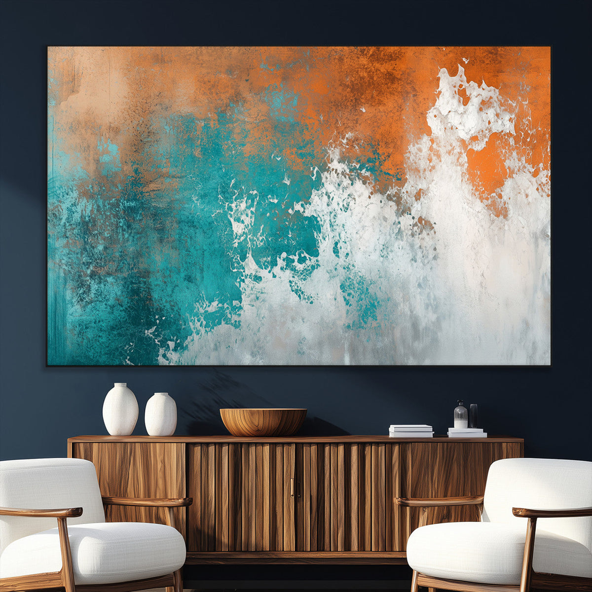 Vintage Abstract Print - Bold Teal and Orange Canvas Wall