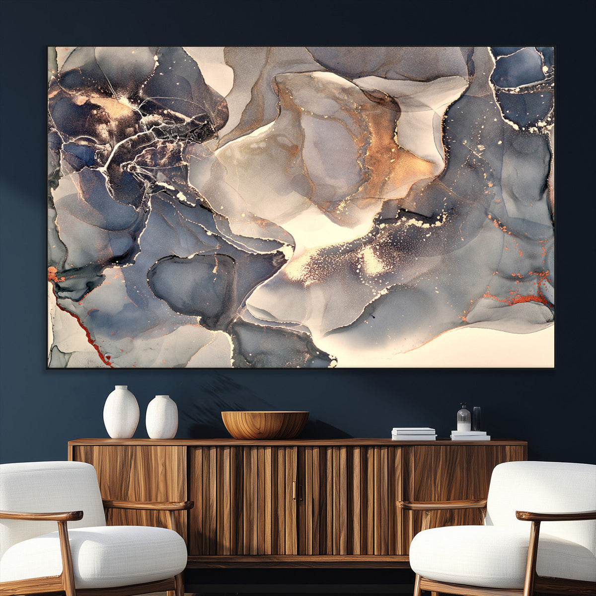 Abstract Blue and Gold Wall Art - Fluid Ink Artwork - Modern