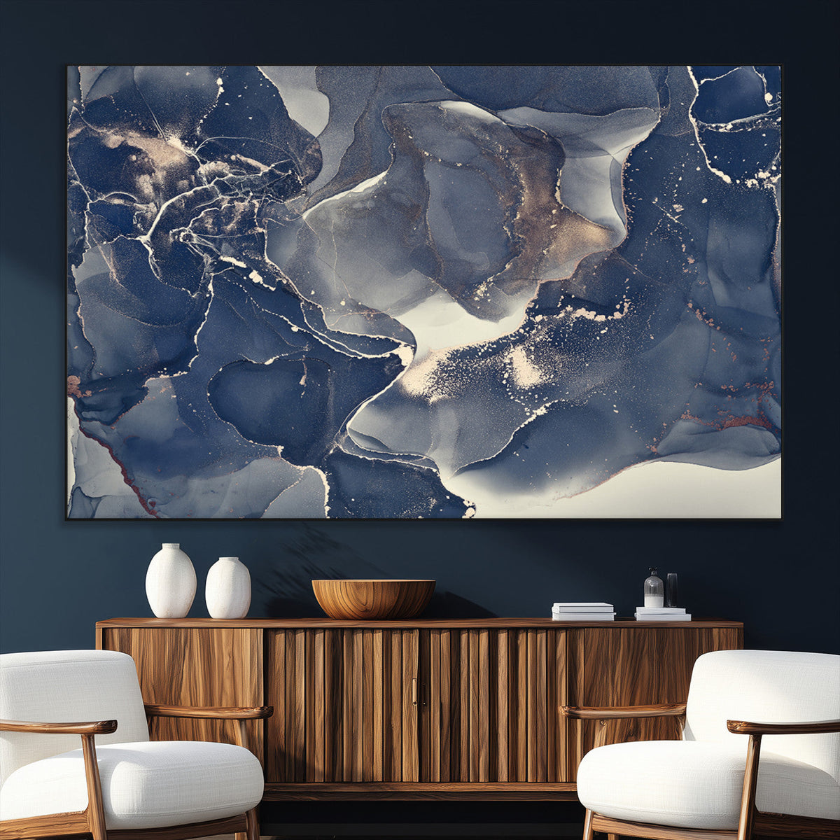 Large Abstract Blue and Gold Canvas Wall Art Fluid Ink