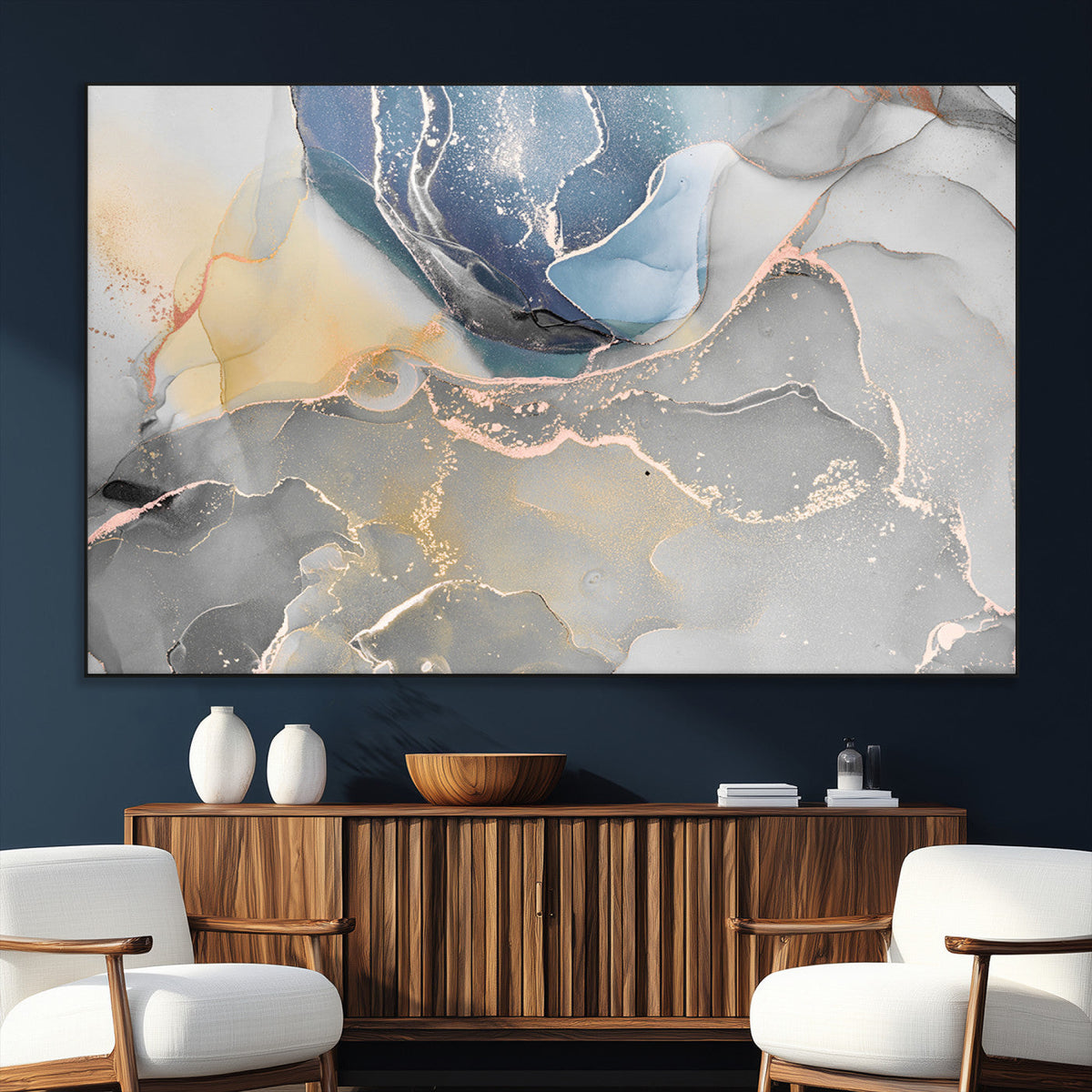 Large Abstract Blue and Gold Canvas Wall Art | Fluid Ink