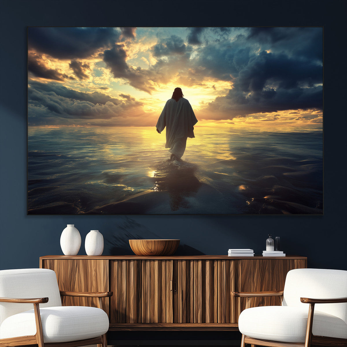 Jesus Walks Wall Art Canvas Print Framed Divine Sunset Art